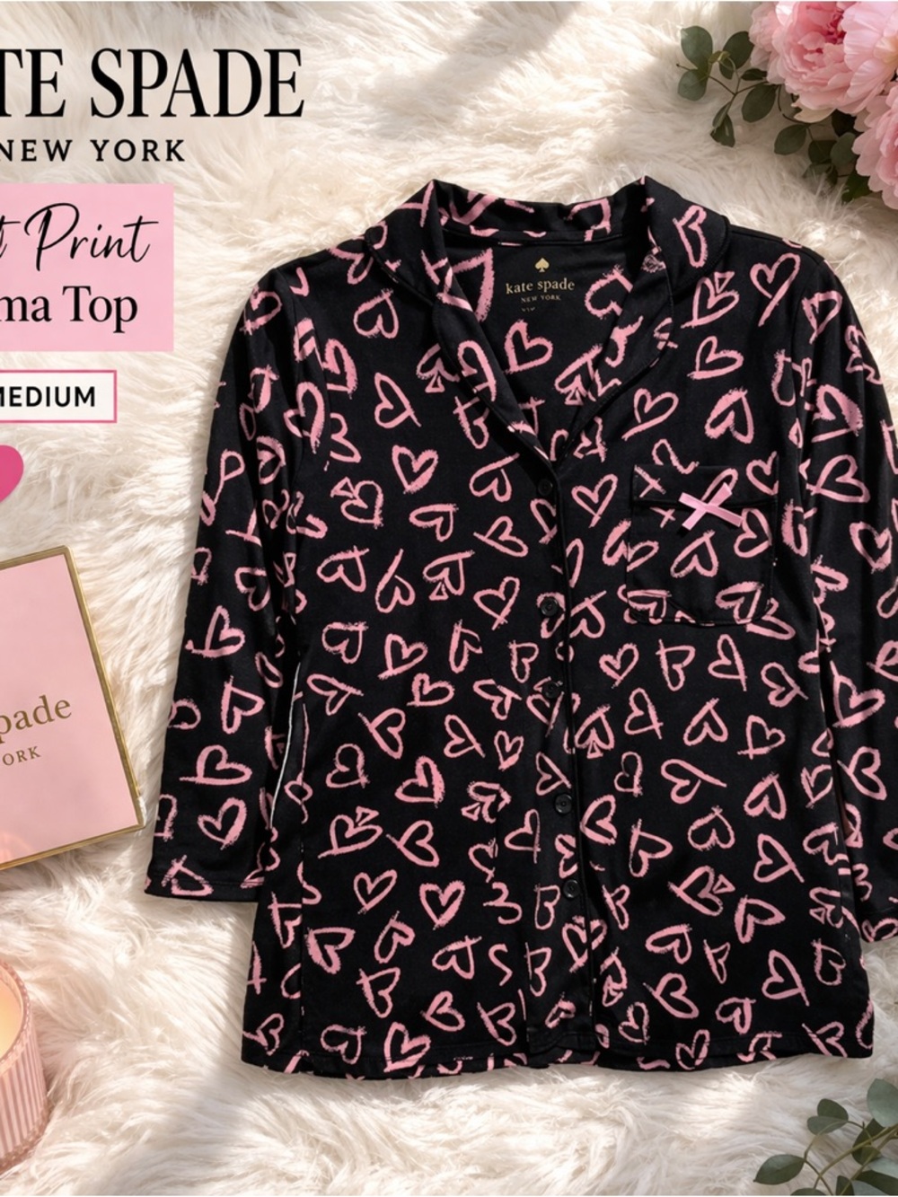 Kate Spade Heart Print Pajama Top Pink Black Button Front - Medium